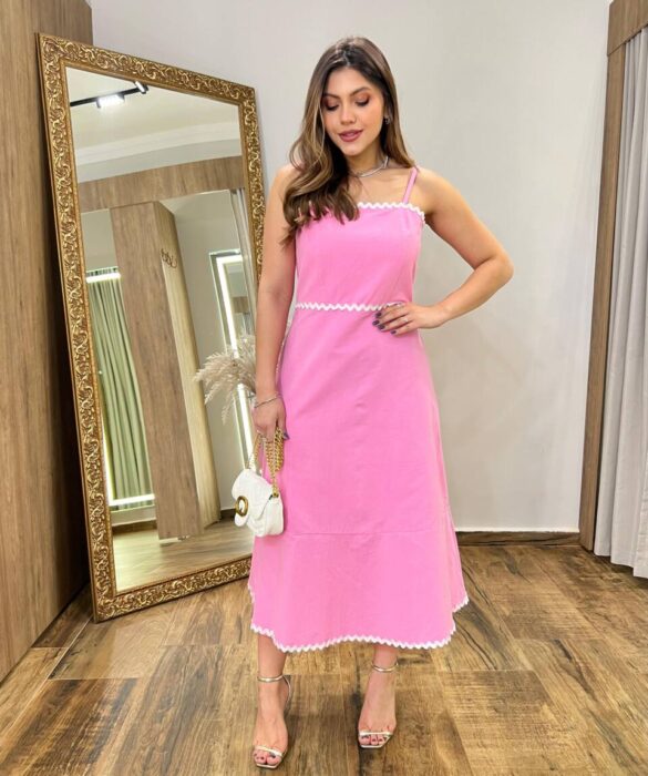 Vestido Midi Antonella sem Bojo Sianinha e Zíper nas Costa Rosa - Fernanda Ramos Store