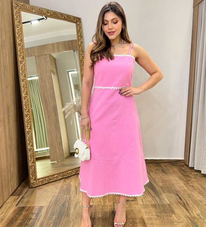 Vestido Midi Antonella sem Bojo Sianinha e Zíper nas Costa Rosa - Fernanda Ramos Store