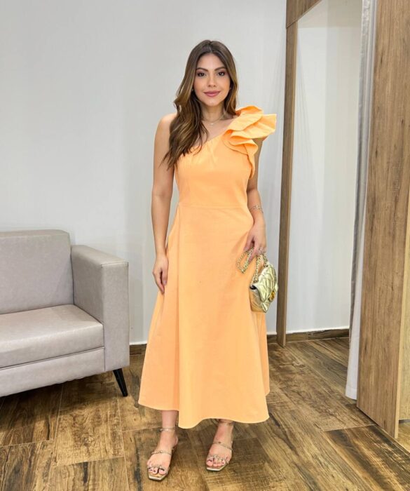 Vestido Midi Cris sem Bojo Nula Manga Ziper Lateral e Babados Laranja - Fernanda Ramos Store