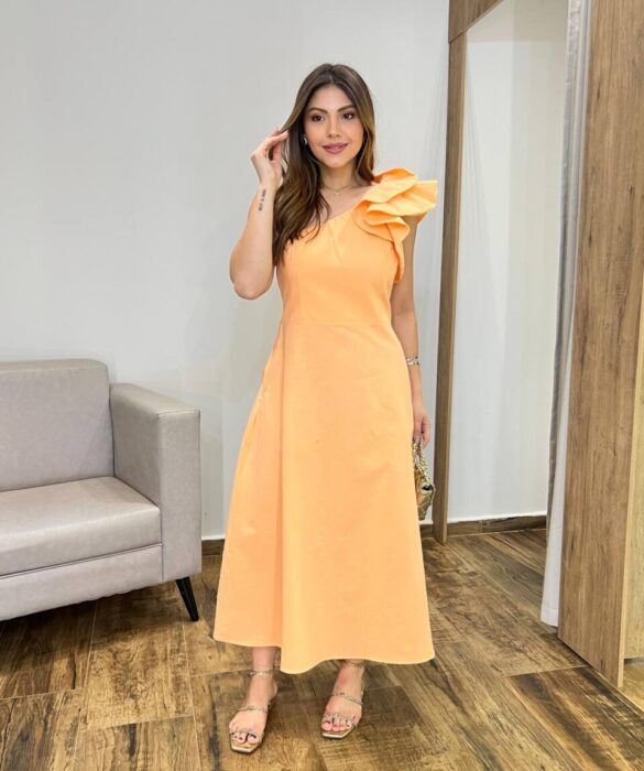 Vestido Midi Cris sem Bojo Nula Manga Ziper Lateral e Babados Laranja - Fernanda Ramos Store