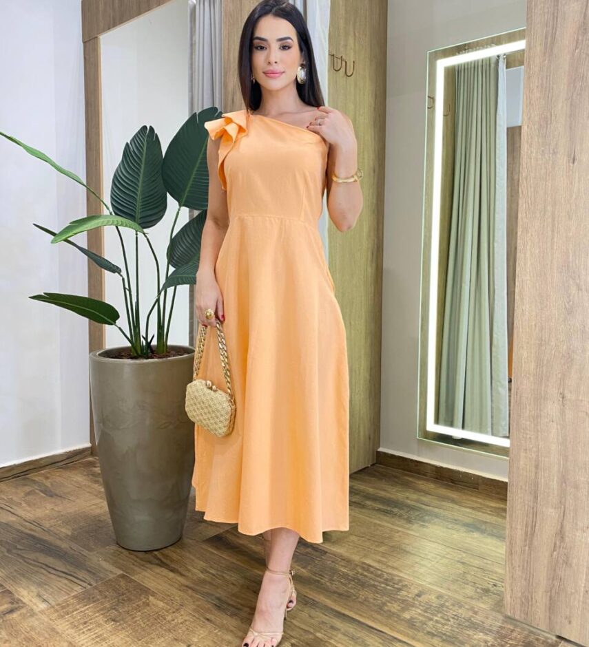 Vestido Midi Cris sem Bojo Nula Manga Ziper Lateral e Babados Laranja - Fernanda Ramos Store