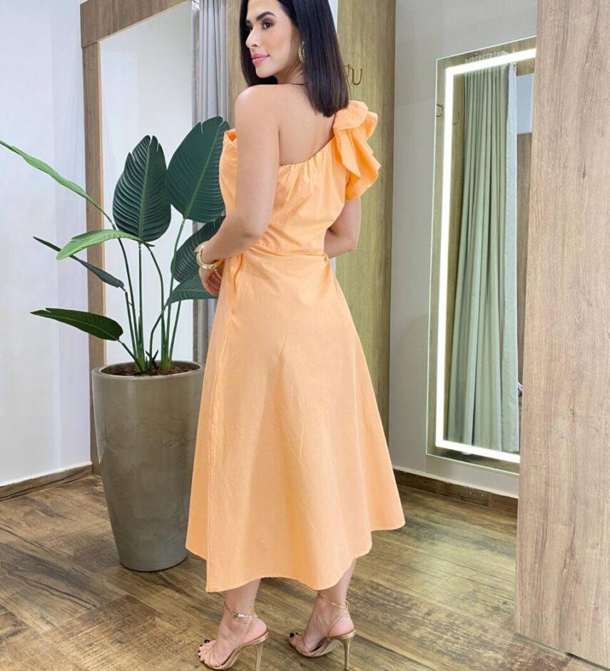 Vestido Midi Cris sem Bojo Nula Manga Ziper Lateral e Babados Laranja - Fernanda Ramos Store