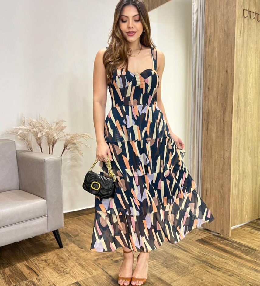 Vestido Midi Gabrieli com Bojo Tule Azul Estampado - Fernanda Ramos Store