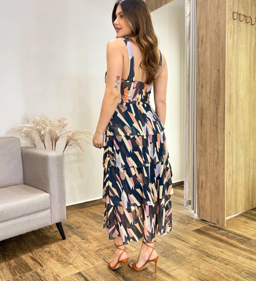 Vestido Midi Gabrieli com Bojo Tule Azul Estampado - Fernanda Ramos Store