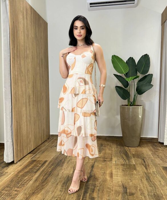 Vestido Midi Gabrieli com Bojo Tule Creme Estampado - Fernanda Ramos Store