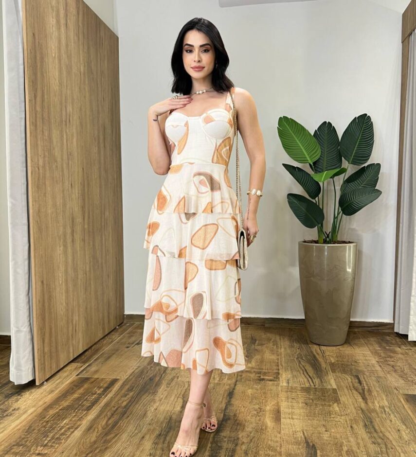 Vestido Midi Gabrieli com Bojo Tule Creme Estampado - Fernanda Ramos Store