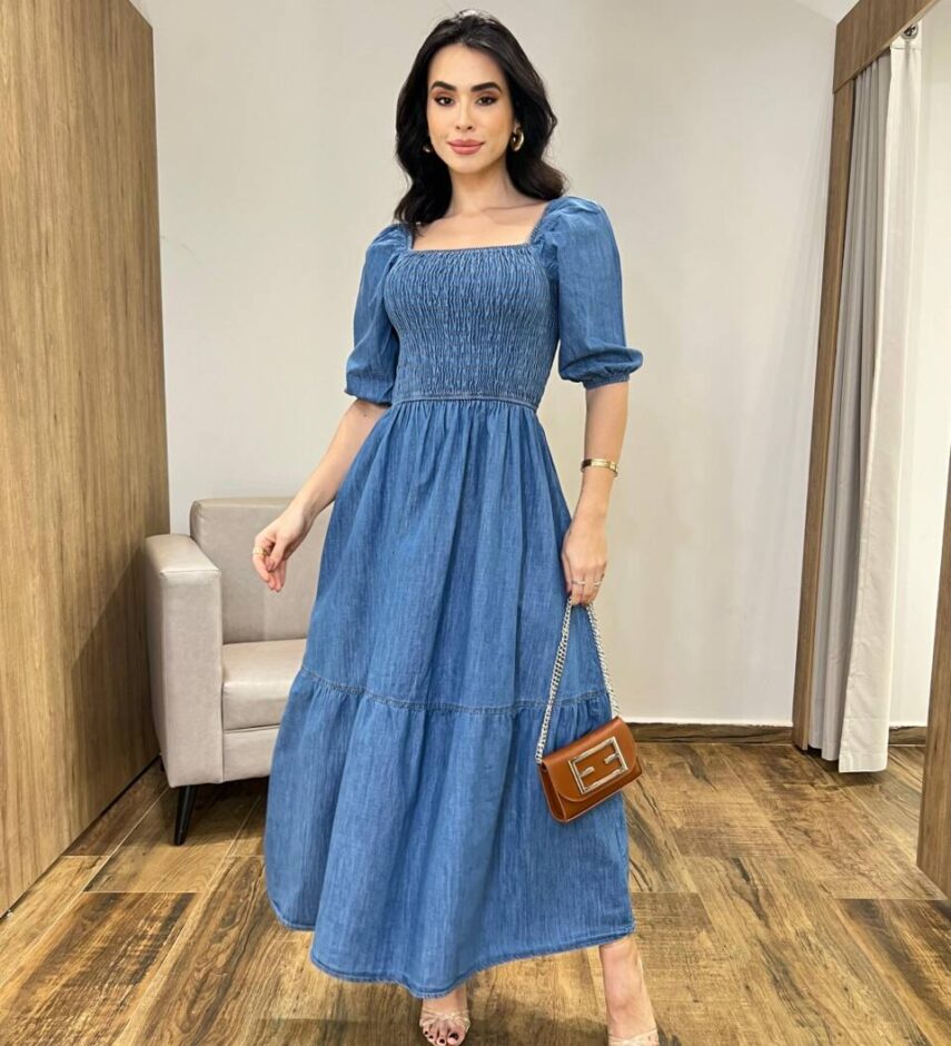 Vestido Midi Jeans Marcela Manga Bufante sem Bojo com Lastex no Busto - Fernanda Ramos Store