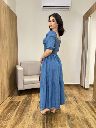 Vestido Midi Jeans Marcela Manga Bufante sem Bojo com Lastex no Busto - Fernanda Ramos Store