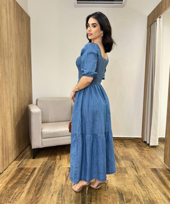 Vestido Midi Jeans Marcela Manga Bufante sem Bojo com Lastex no Busto - Fernanda Ramos Store