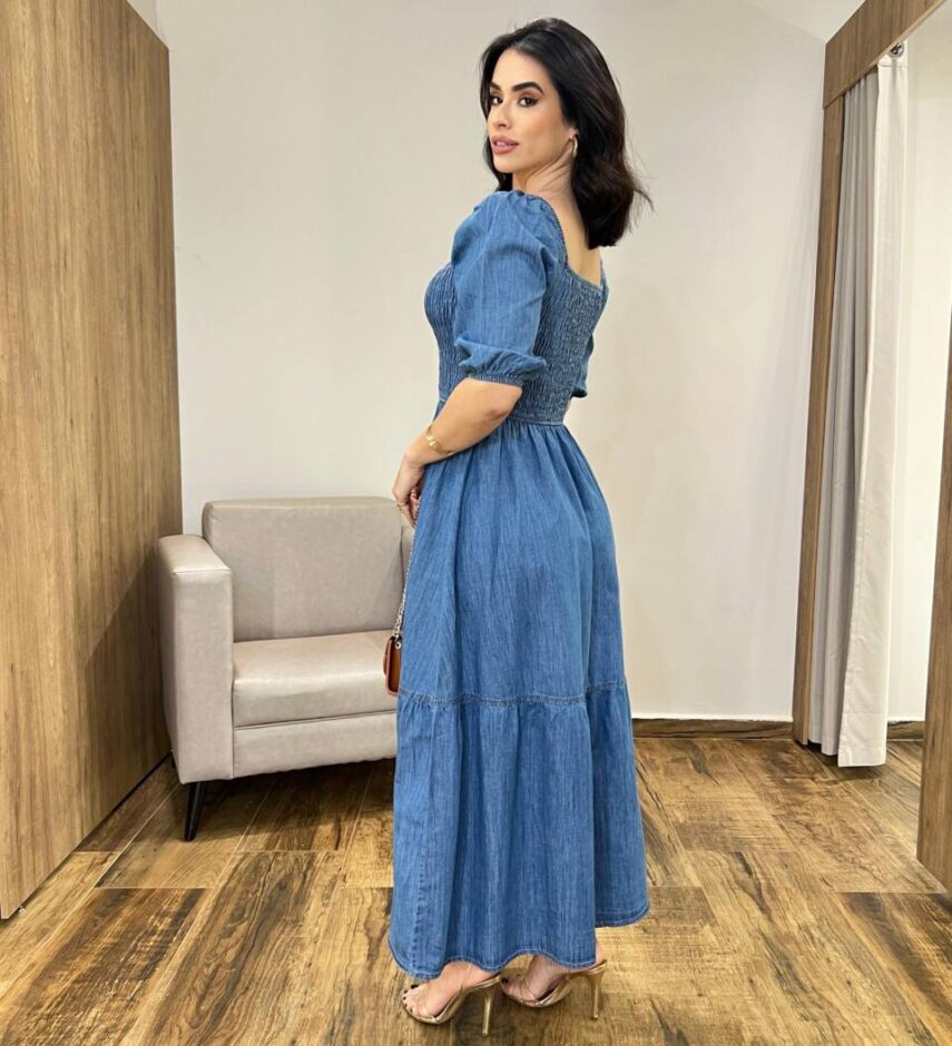 Vestido Midi Jeans Marcela Manga Bufante sem Bojo com Lastex no Busto - Fernanda Ramos Store