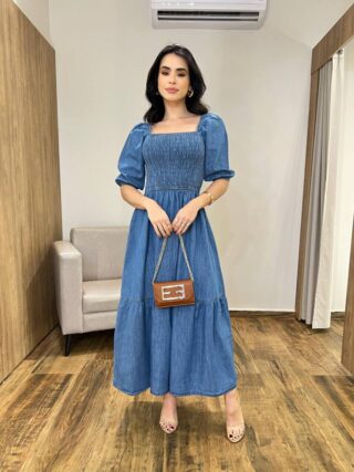 Vestido Midi Jeans Marcela Manga Bufante sem Bojo com Lastex no Busto - Fernanda Ramos Store