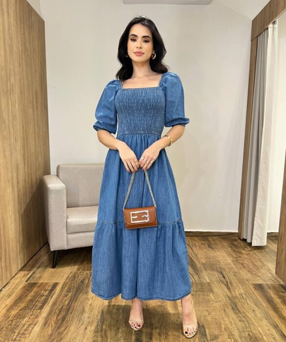 Vestido Midi Jeans Marcela Manga Bufante sem Bojo com Lastex no Busto - Fernanda Ramos Store