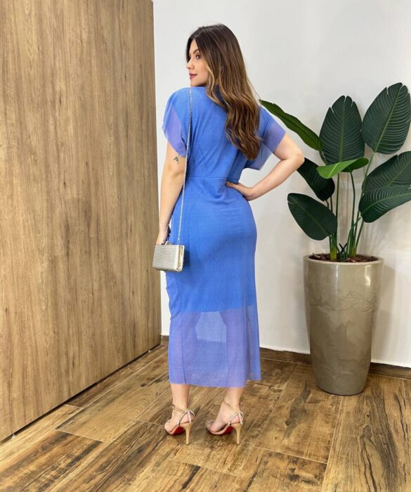 Vestido Midi Jéssica Tule sem Bojo Manga Curta Fenda Frontal Azul - Fernanda Ramos Store