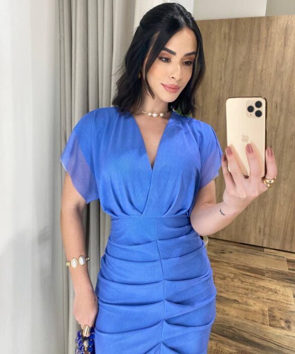 Vestido Midi Jéssica Tule sem Bojo Manga Curta Fenda Frontal Azul - Fernanda Ramos Store