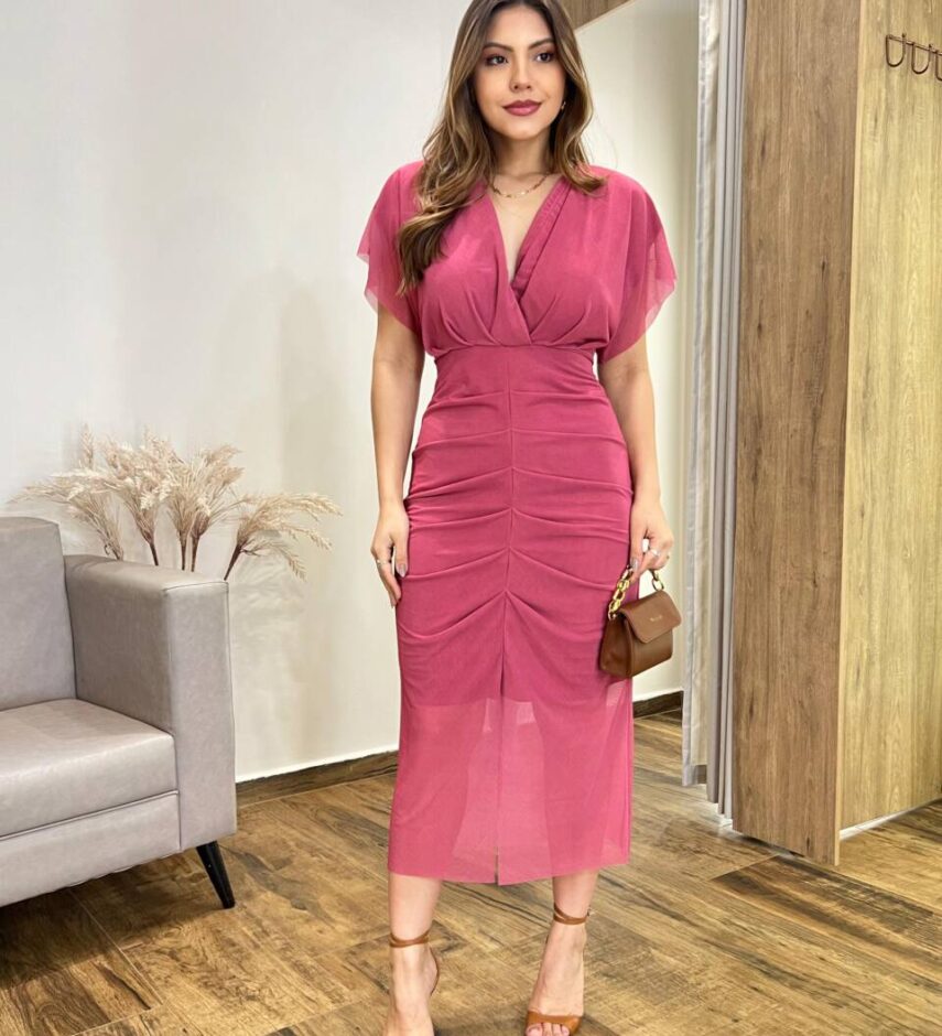 Vestido Midi Jéssica Tule sem Bojo Manga Curta Fenda Frontal Rosa Escuro - Fernanda Ramos Store