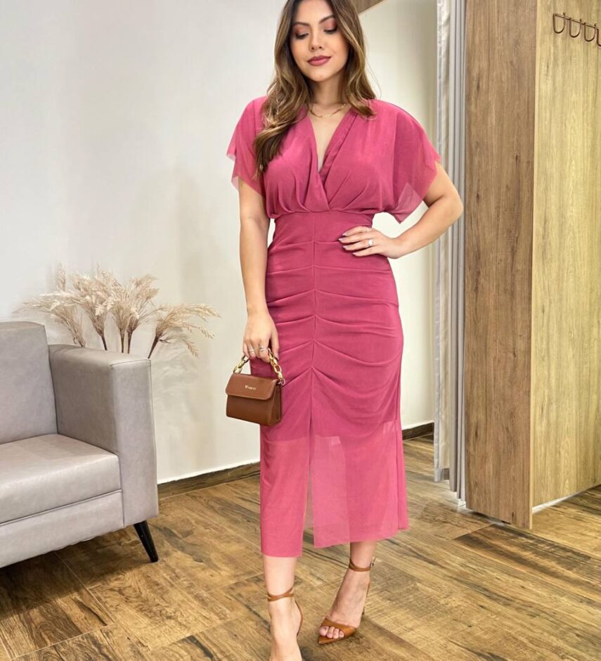 Vestido Midi Jéssica Tule sem Bojo Manga Curta Fenda Frontal Rosa Escuro - Fernanda Ramos Store