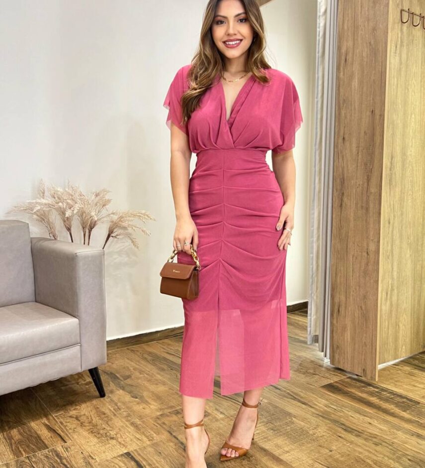 Vestido Midi Jéssica Tule sem Bojo Manga Curta Fenda Frontal Rosa Escuro - Fernanda Ramos Store