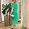 Vestido Midi Jéssica Tule sem Bojo Manga Curta Fenda Frontal Verde - Fernanda Ramos Store