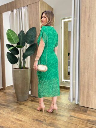 Vestido Midi Jéssica Tule sem Bojo Manga Curta Fenda Frontal Verde - Fernanda Ramos Store