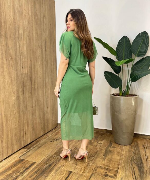 Vestido Midi Jéssica Tule sem Bojo Manga Curta Fenda Frontal Verde Musgo - Fernanda Ramos Store