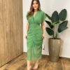 Vestido Midi Jéssica Tule sem Bojo Manga Curta Fenda Frontal Verde Musgo - Fernanda Ramos Store