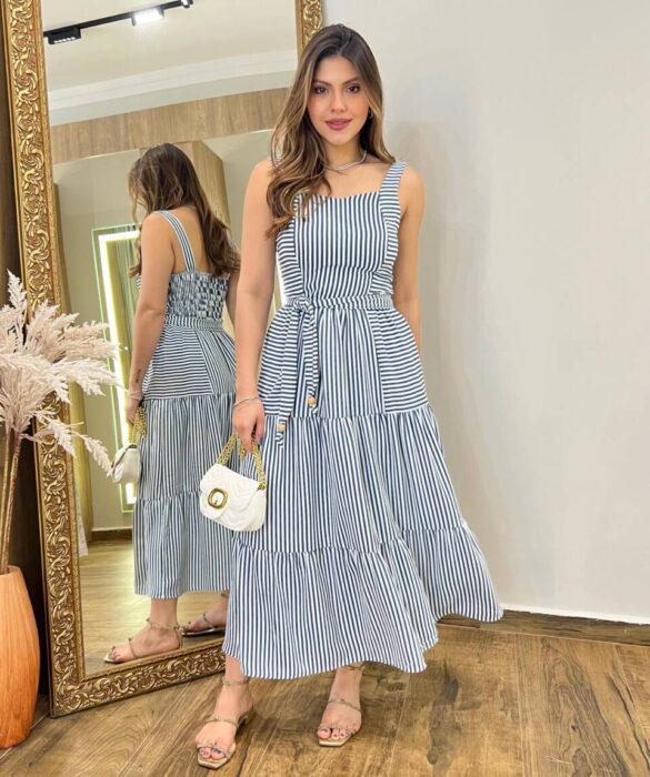 Vestido Midi Maju sem Bojo Listrado com Lastex e Amarração Branco - Fernanda Ramos Store