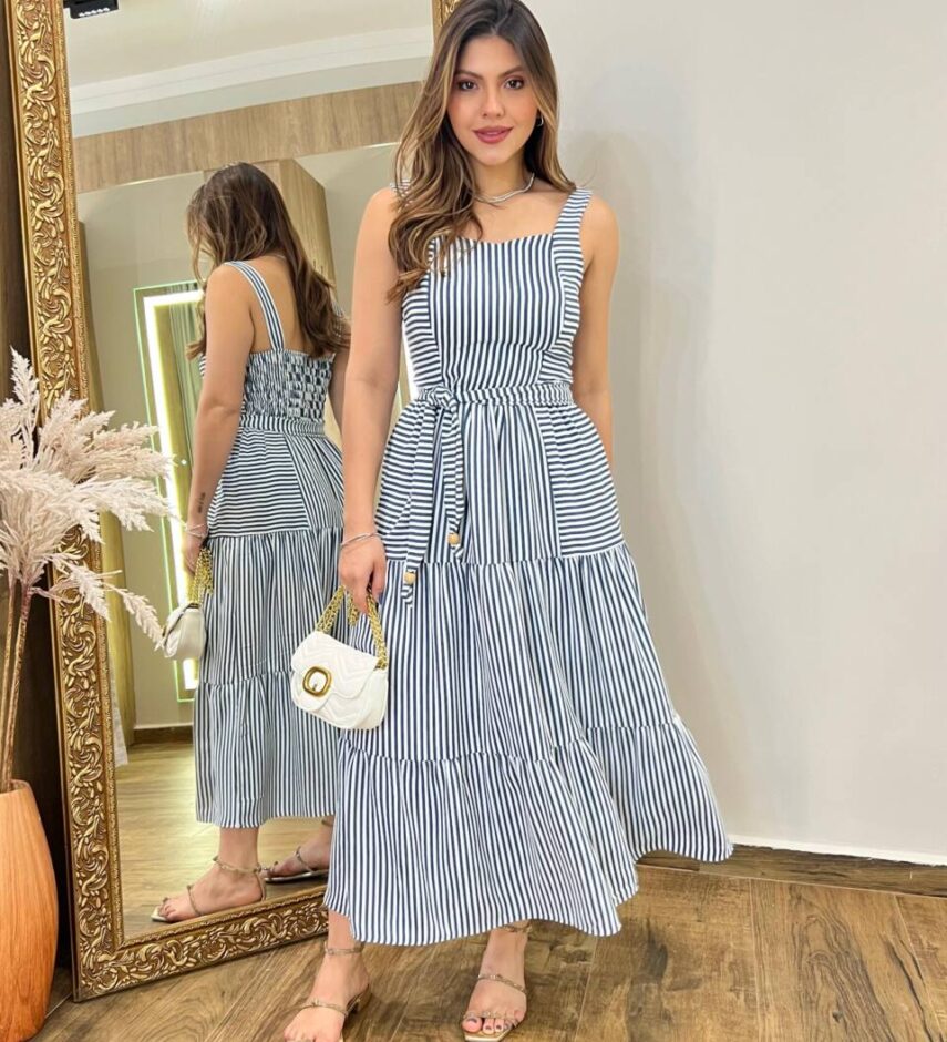 Vestido Midi Maju sem Bojo Listrado com Lastex e Amarração Branco - Fernanda Ramos Store
