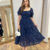 Vestido Midi Manga Curta Camile sem Bojo Detalhes em Guipir Azul Marinho - Fernanda Ramos Store