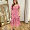 Vestido Midi Manga Curta Camile sem Bojo Detalhes em Guipir Rose - Fernanda Ramos Store