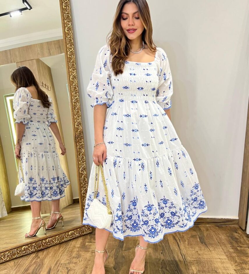 Vestido Midi Manga Curta Naty sem Bojo Branco com Bordado - Fernanda Ramos Store
