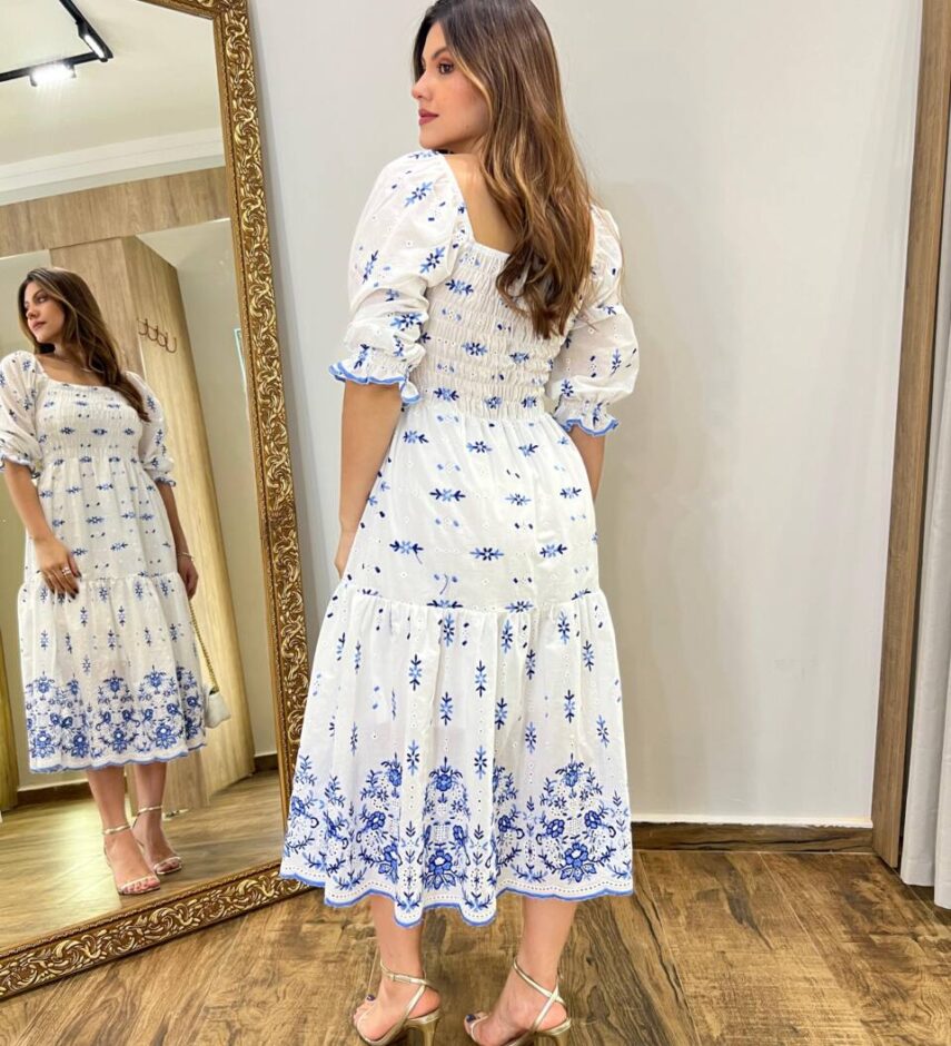 Vestido Midi Manga Curta Naty sem Bojo Branco com Bordado - Fernanda Ramos Store