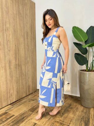 Vestido Midi Suellen sem Bojo Detalhe e Lastex Estampado Azul - Fernanda Ramos Store