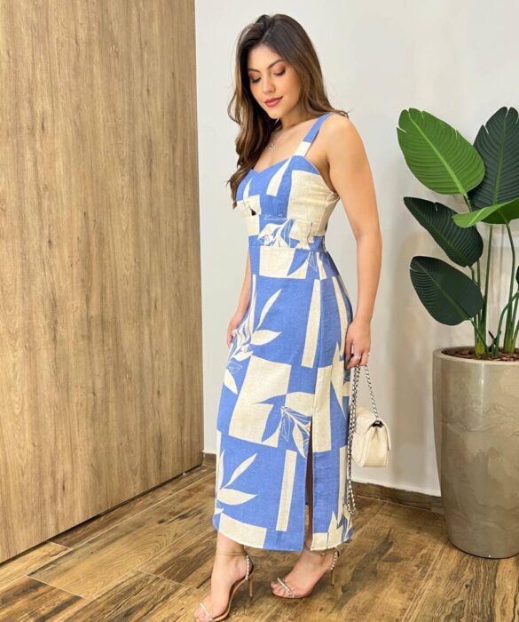 Vestido Midi Suellen sem Bojo Detalhe e Lastex Estampado Azul - Fernanda Ramos Store