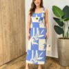 Vestido Midi Suellen sem Bojo Detalhe e Lastex Estampado Azul - Fernanda Ramos Store