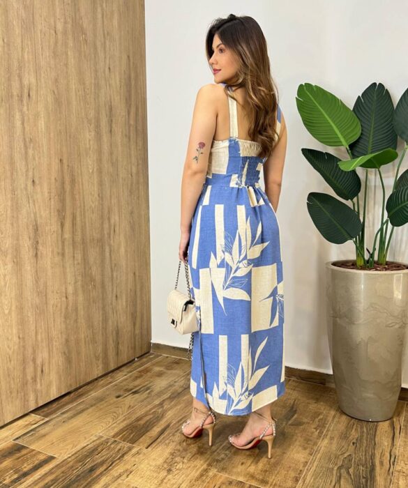 Vestido Midi Suellen sem Bojo Detalhe e Lastex Estampado Azul - Fernanda Ramos Store