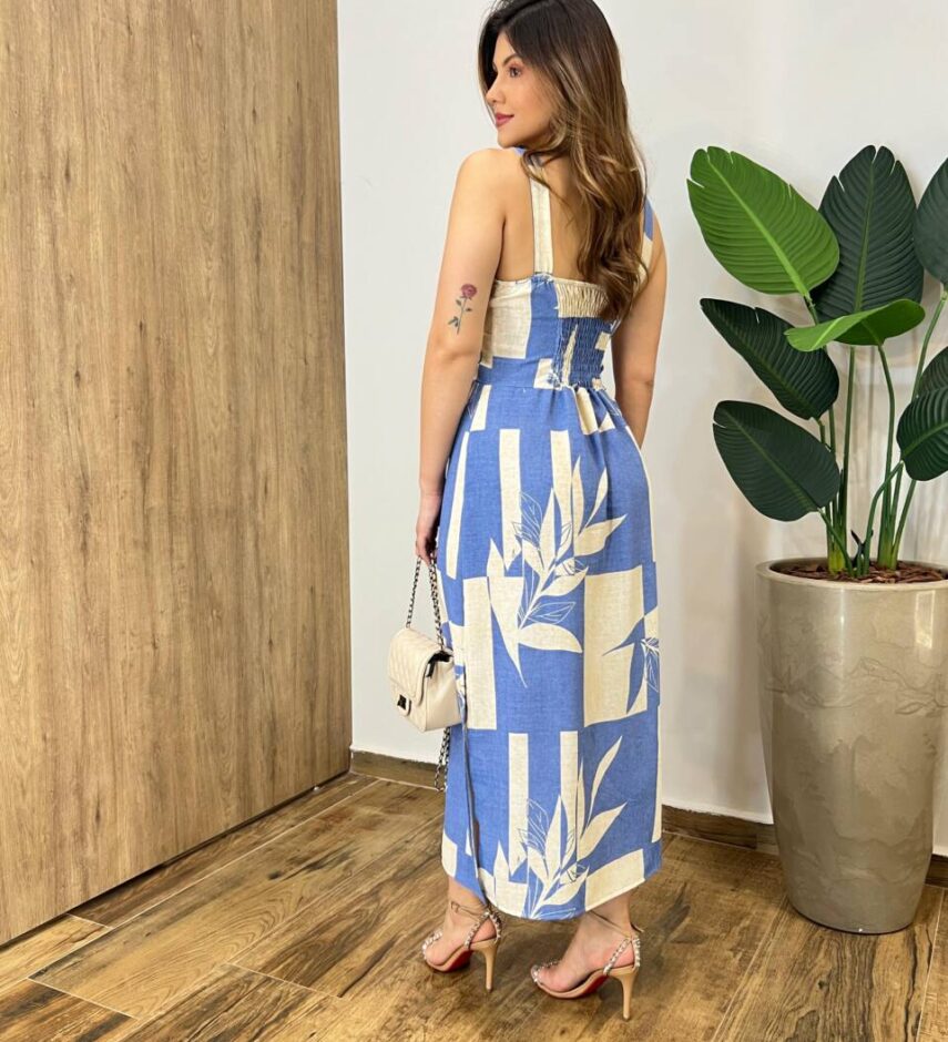 Vestido Midi Suellen sem Bojo Detalhe e Lastex Estampado Azul - Fernanda Ramos Store