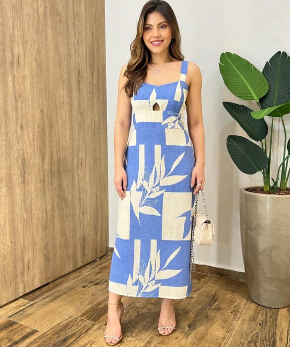 Vestido Midi Suellen sem Bojo Detalhe e Lastex Estampado Azul - Fernanda Ramos Store