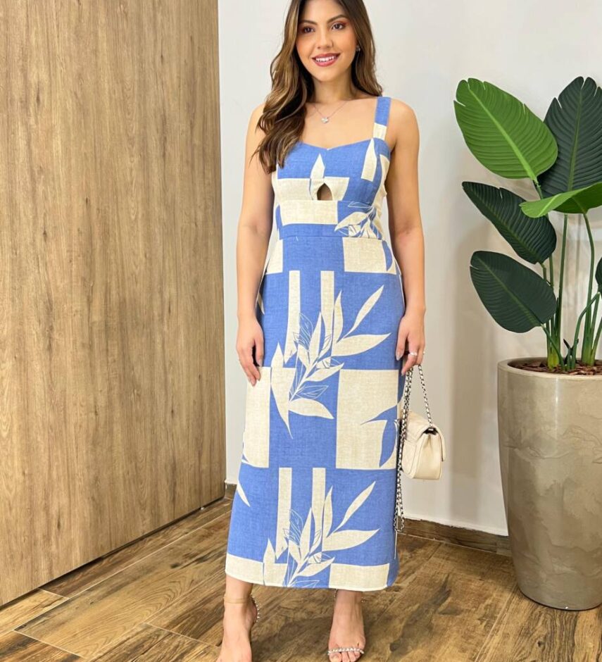 Vestido Midi Suellen sem Bojo Detalhe e Lastex Estampado Azul - Fernanda Ramos Store