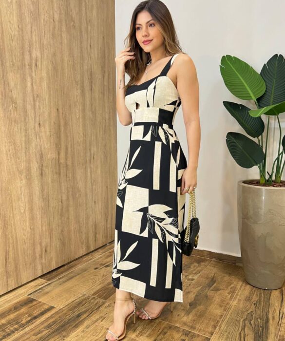 Vestido Midi Suellen sem Bojo Detalhe e Lastex Estampado Preto - Fernanda Ramos Store