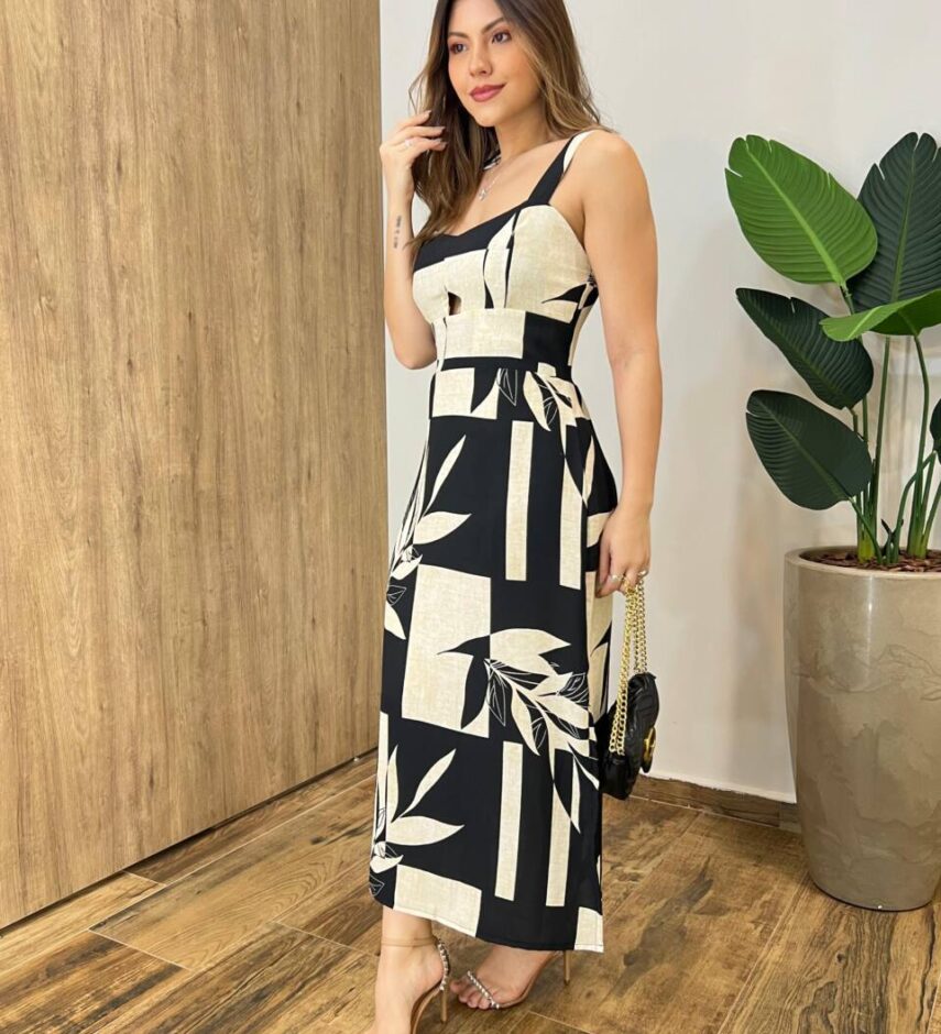 Vestido Midi Suellen sem Bojo Detalhe e Lastex Estampado Preto - Fernanda Ramos Store