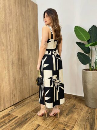 Vestido Midi Suellen sem Bojo Detalhe e Lastex Estampado Preto - Fernanda Ramos Store