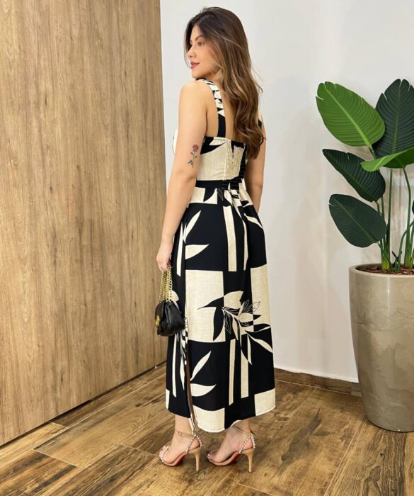 Vestido Midi Suellen sem Bojo Detalhe e Lastex Estampado Preto - Fernanda Ramos Store