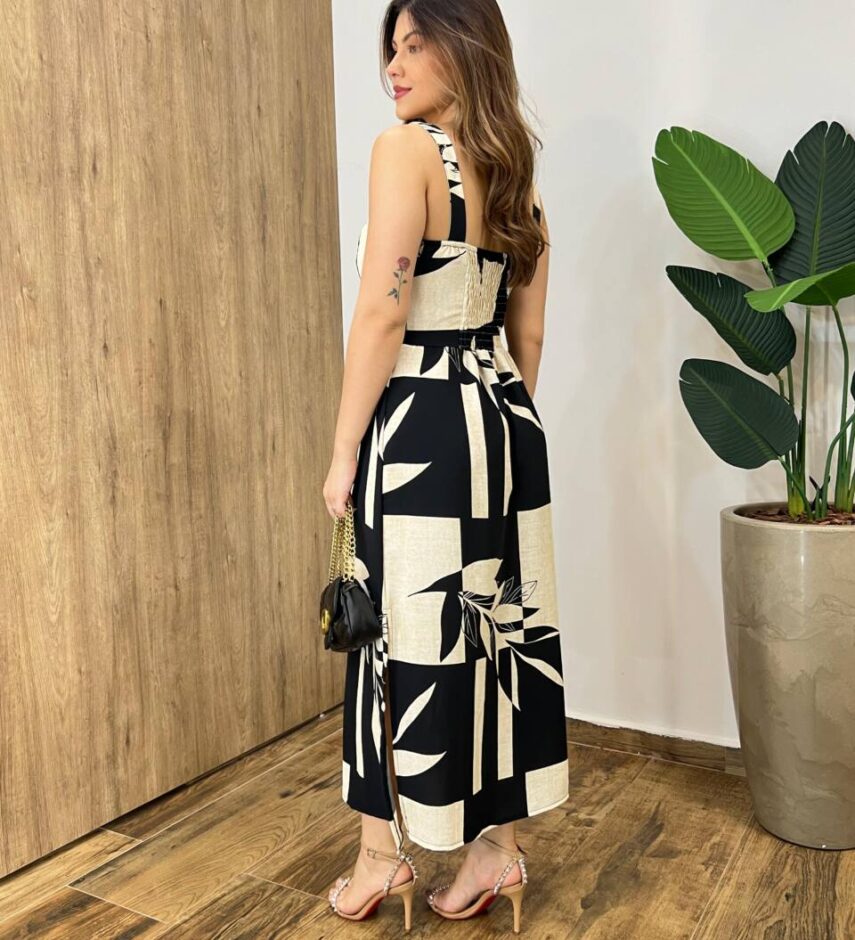 Vestido Midi Suellen sem Bojo Detalhe e Lastex Estampado Preto - Fernanda Ramos Store