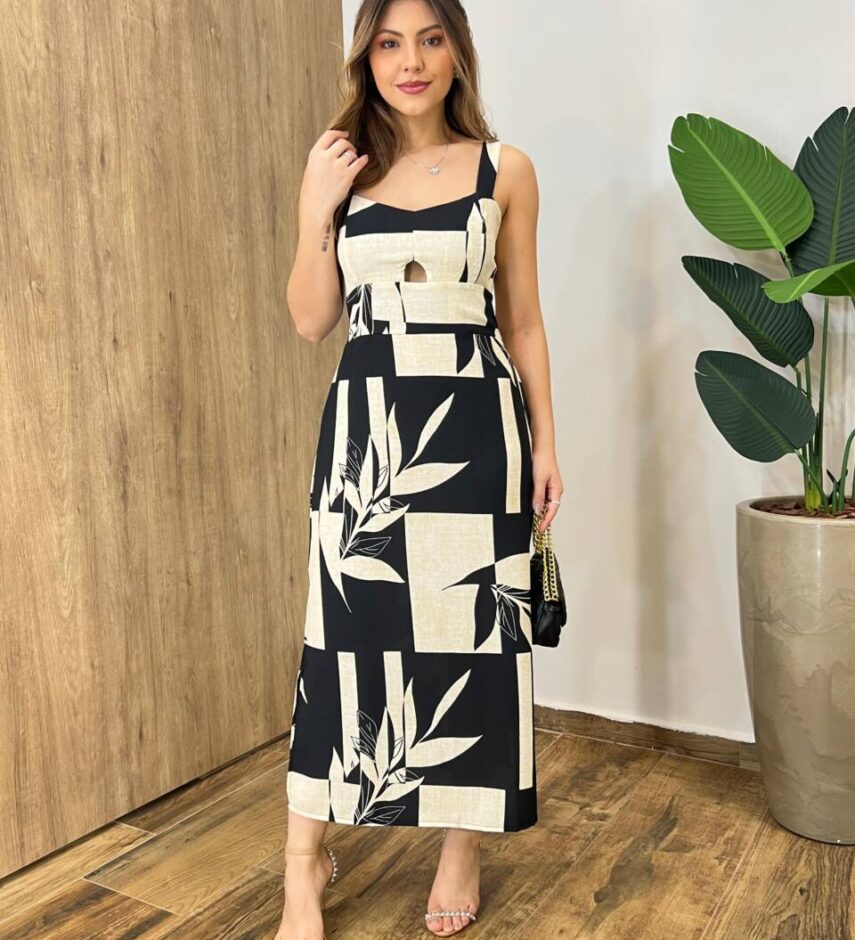 Vestido Midi Suellen sem Bojo Detalhe e Lastex Estampado Preto - Fernanda Ramos Store