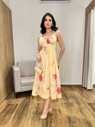 Vestido Midi Zoe com Bojo Alça Regulável Estampado Amarelo - Fernanda Ramos Store