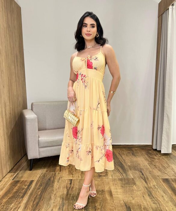 Vestido Midi Zoe com Bojo Alça Regulável Estampado Amarelo - Fernanda Ramos Store