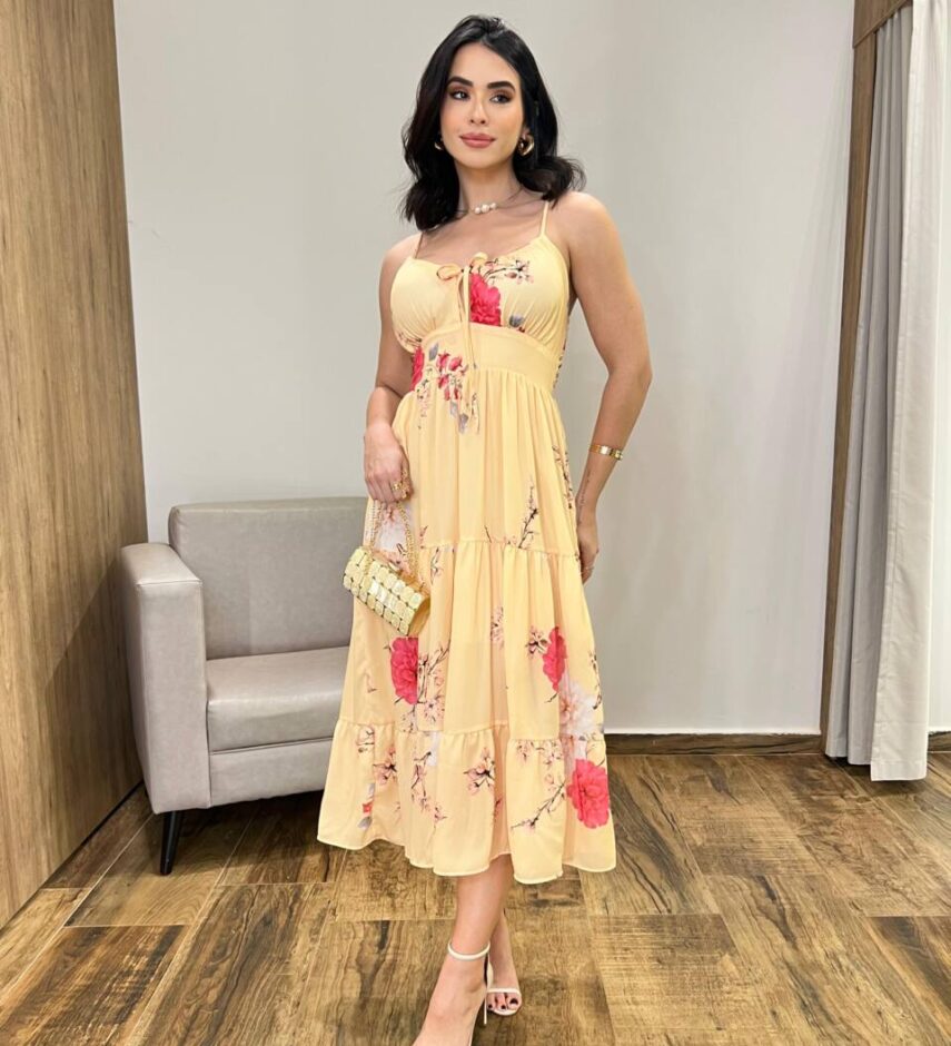 Vestido Midi Zoe com Bojo Alça Regulável Estampado Amarelo - Fernanda Ramos Store