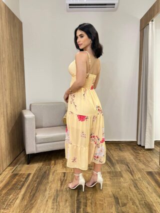 Vestido Midi Zoe com Bojo Alça Regulável Estampado Amarelo - Fernanda Ramos Store