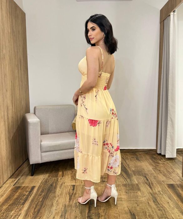 Vestido Midi Zoe com Bojo Alça Regulável Estampado Amarelo - Fernanda Ramos Store