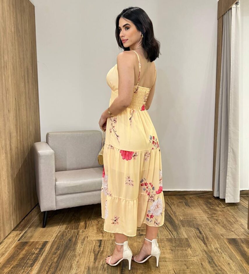 Vestido Midi Zoe com Bojo Alça Regulável Estampado Amarelo - Fernanda Ramos Store